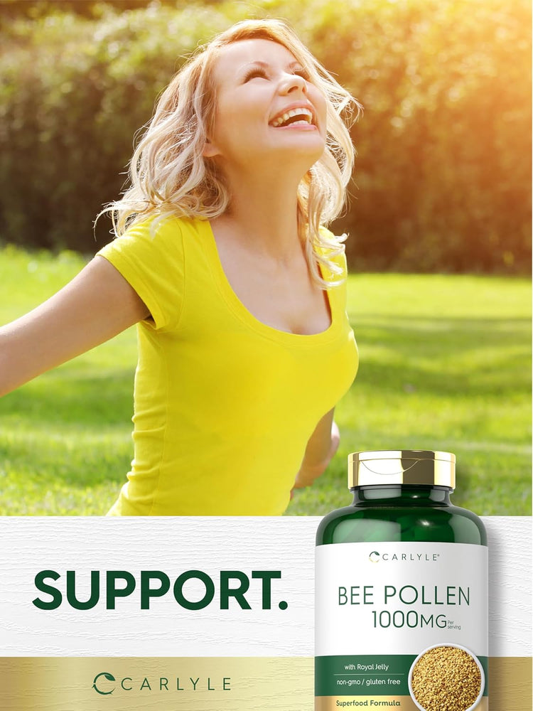 Carlyle Bee Pollen 1000MG bottle label: Royal Jelly, non-gmo/gluten free, Superfood Formula. Prominent 'SUPPORT' text.
