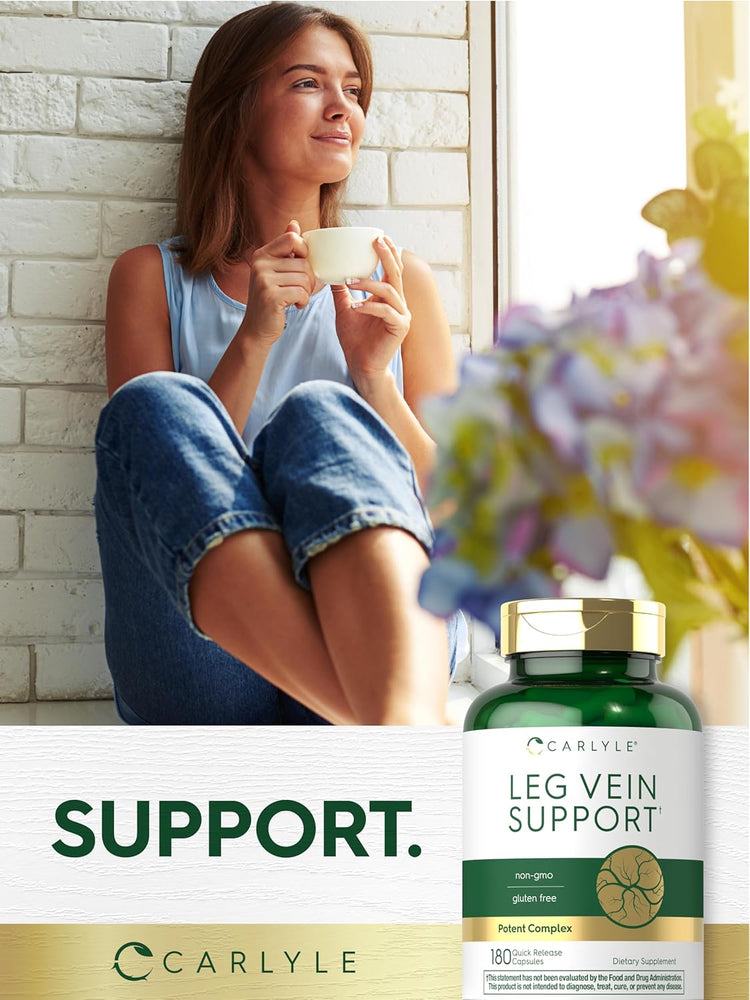 Young woman relaxing by a window with a cup, next to a Carlyle Leg Vein Support bottle.