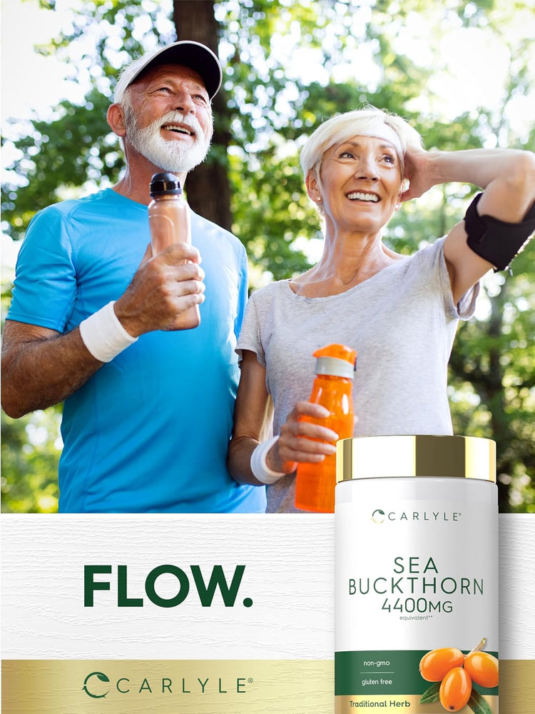 Elderly man and woman smiling while exercising outdoors, next to a Carlyle Sea Buckthorn bottle.