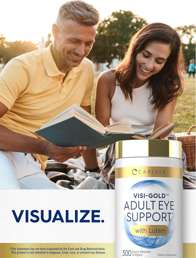 Man and woman sit on grass reading books beside an Adult Eye Support supplement bottle.