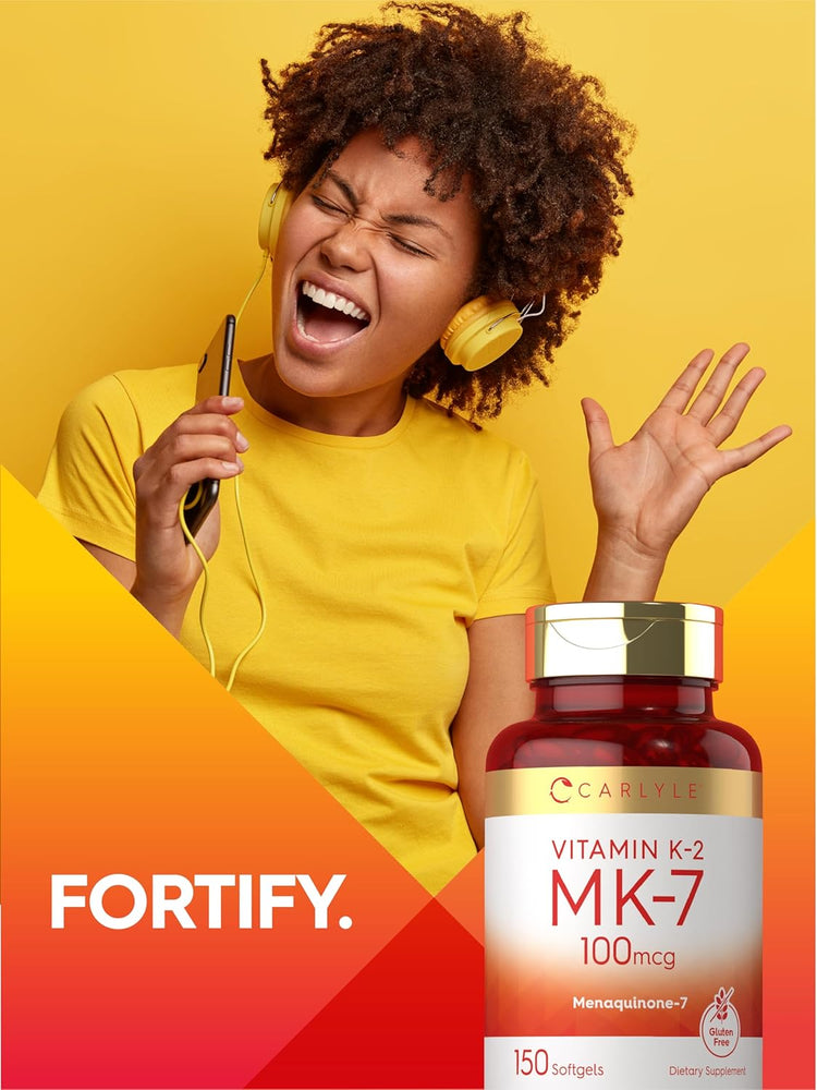 Young woman enthusiastically singing into a phone with headphones, next to a Vitamin K2 MK-7 bottle.