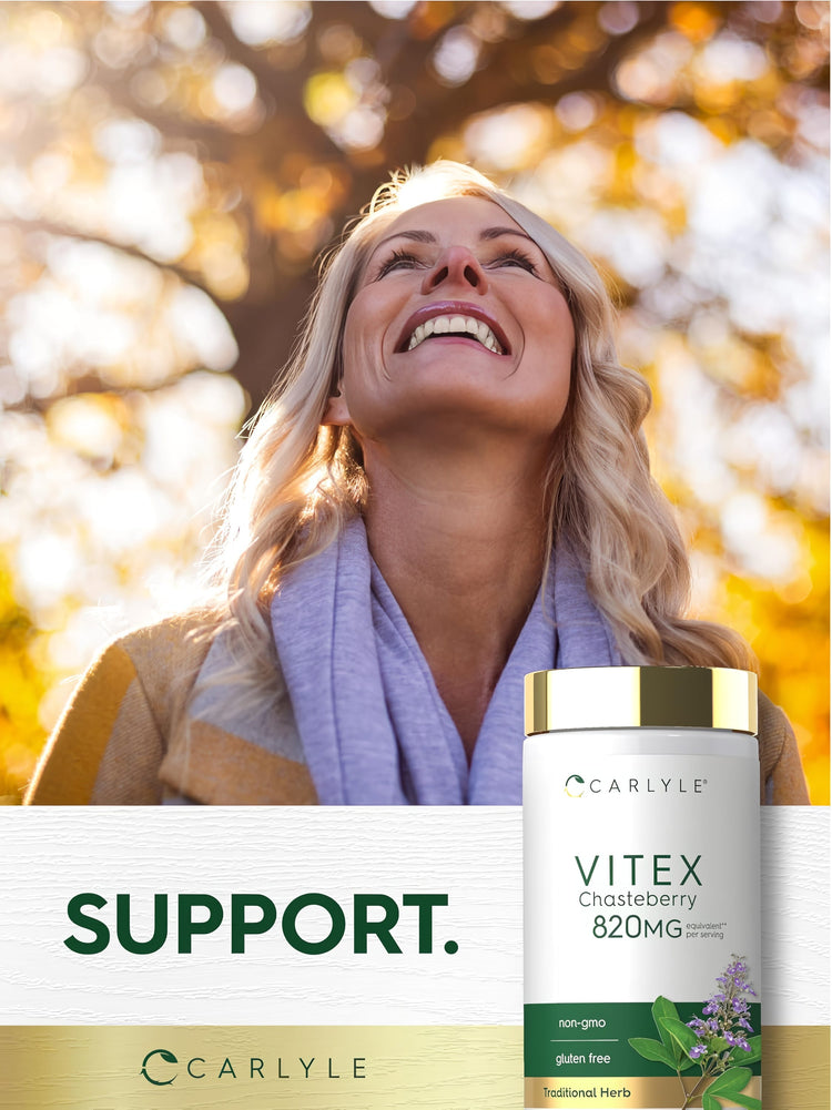 A middle-aged blonde woman smiling, looking up outdoors, next to a Carlyle Vitex Chasteberry bottle.