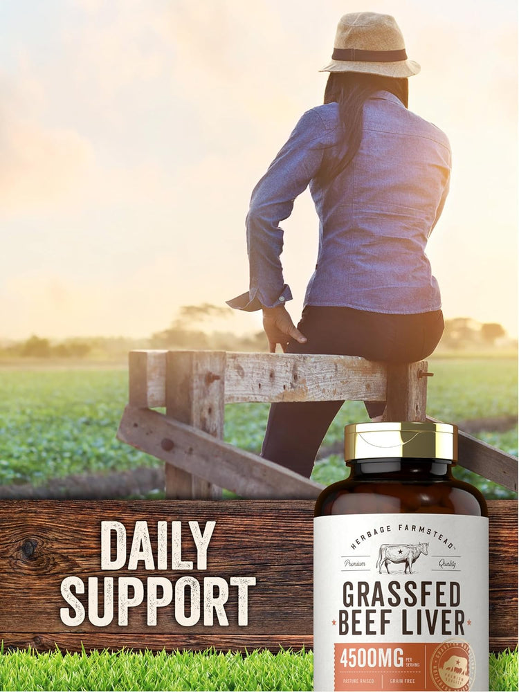 Herbage Farmstead Grassfed Beef Liver supplement, 4500mg, 250 capsules, shown in product packaging.