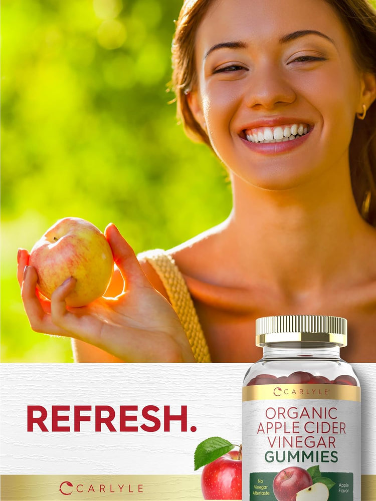Smiling woman holds an apple next to a bottle of Organic Apple Cider Vinegar Gummies, highlighting the product.