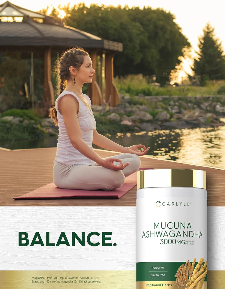 A young woman meditating outdoors on a yoga mat, with a Carlyle Mucuna Ashwagandha 3000mg bottle beside her.