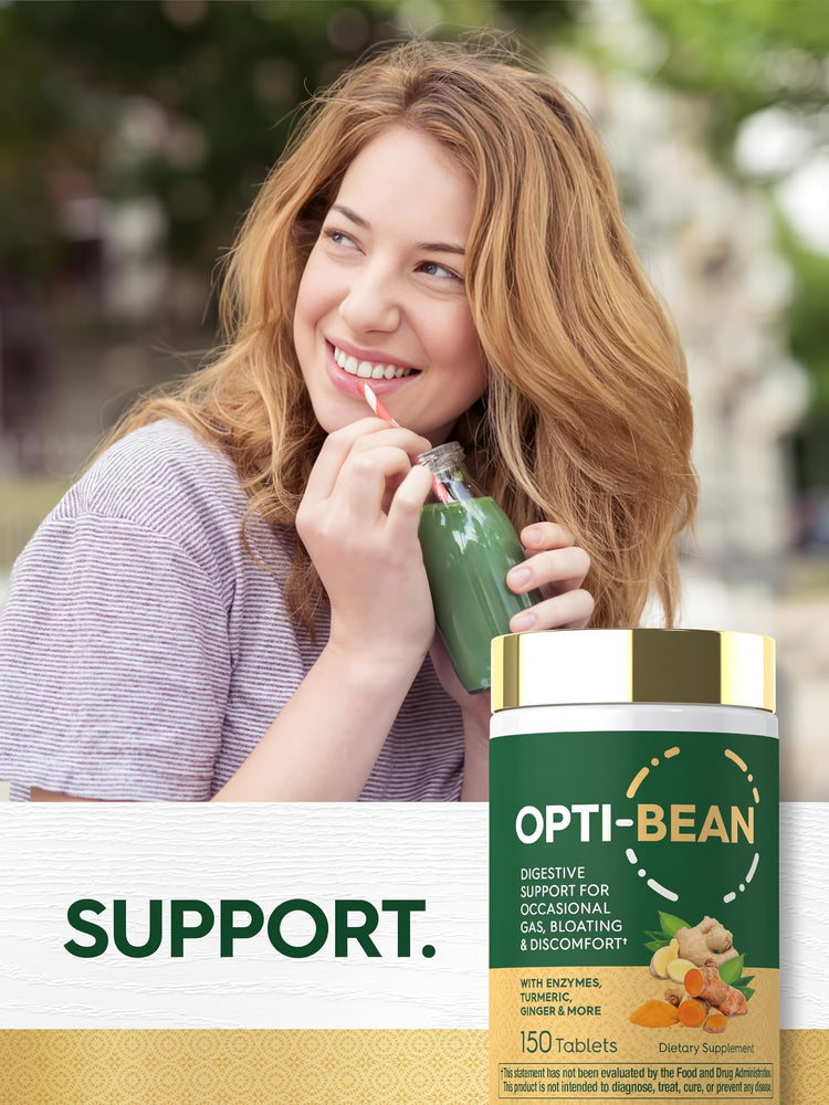 Young woman smiles while drinking from a green bottle with a straw, next to an Opti-Bean supplement bottle.