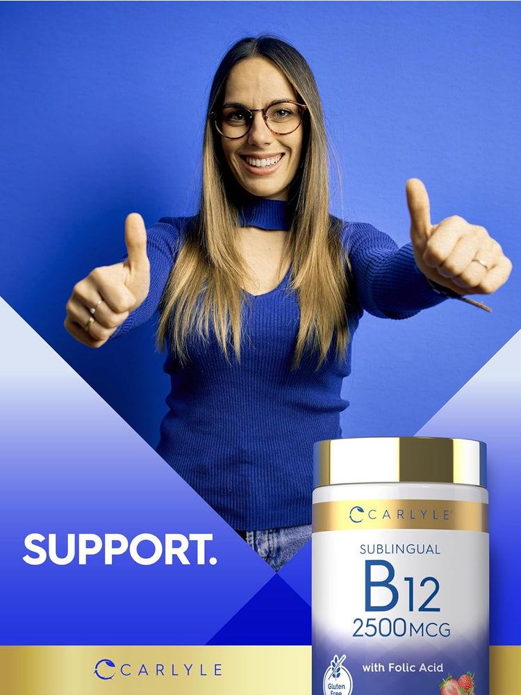 Carlyle Sublingual B12 2500 mcg with Folic Acid, gluten-free, strawberry flavor, 60 tablets.