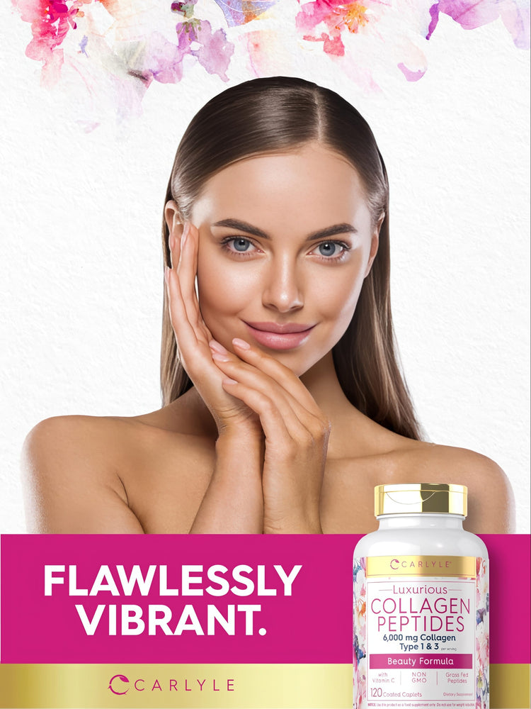 Carlyle Collagen Peptides 6,000 mg Collagen Type 1 & 3 with Vitamin C, available as 120 coated caplets.