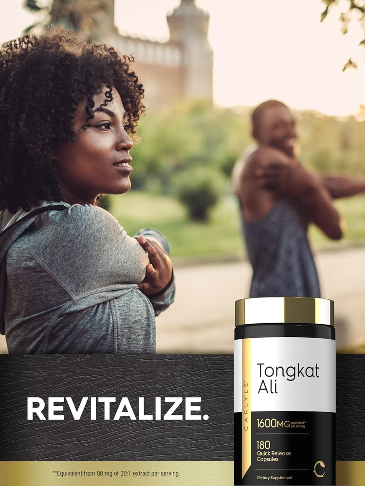 A young woman and man stretching outdoors near a Carlyle Tongkat Ali bottle.