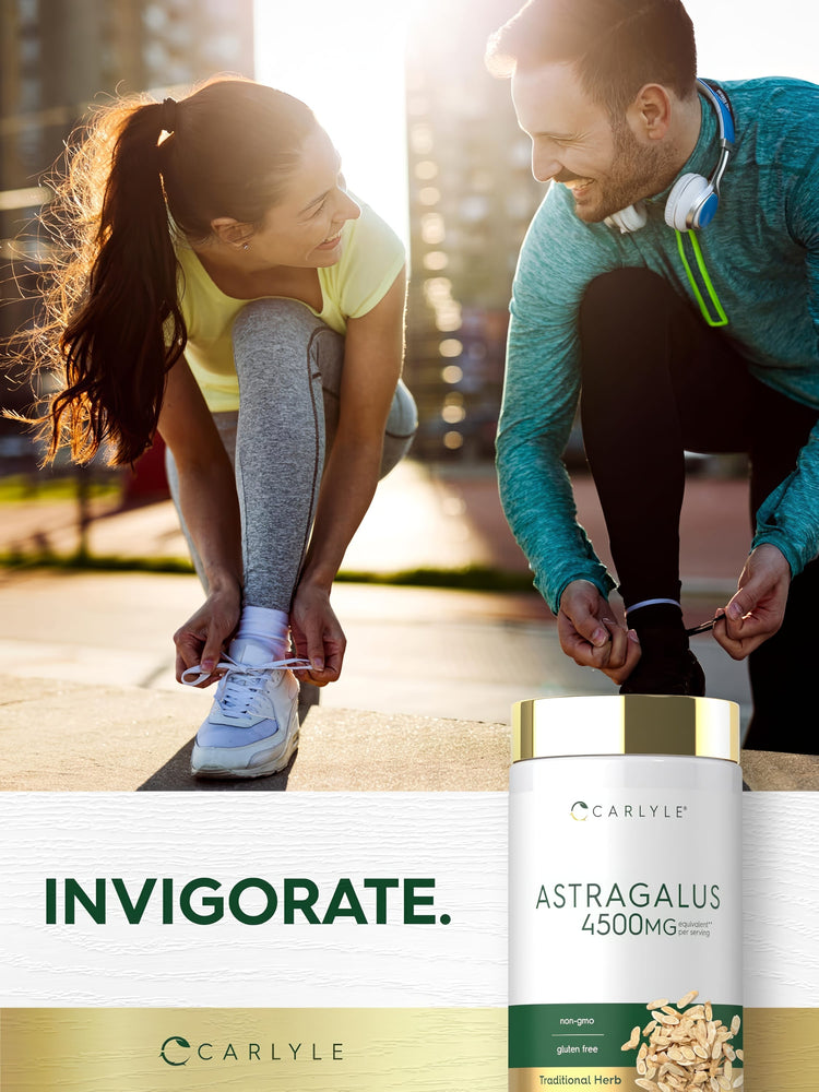 A young adult woman and man tie shoelaces outdoors, smiling, with a Carlyle Astragalus bottle nearby.