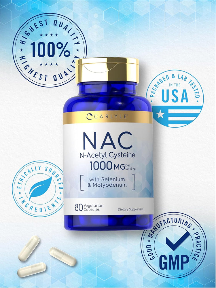 Carlyle NAC N-Acetyl Cysteine 1000 MG with Selenium and Molybdenum, 80 vegetarian capsules.