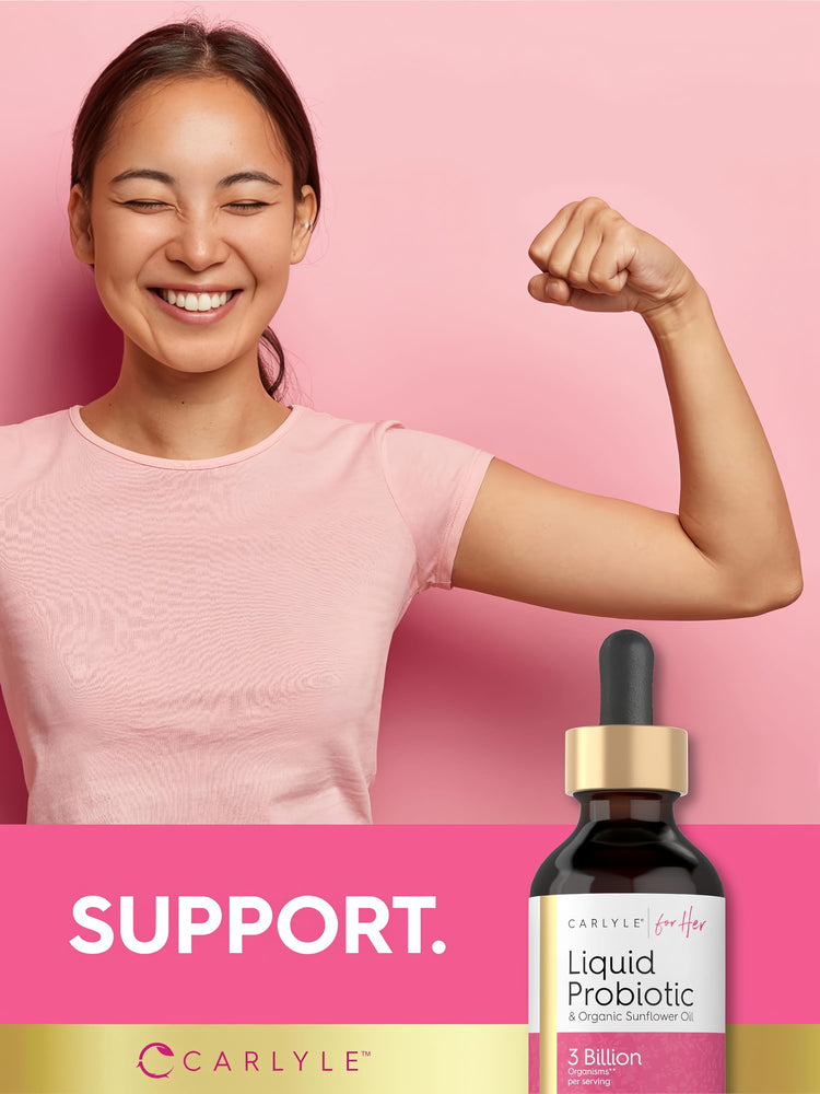 A young Asian woman smiling with eyes closed, flexing her bicep, and a Carlyle Liquid Probiotic bottle in the foreground.