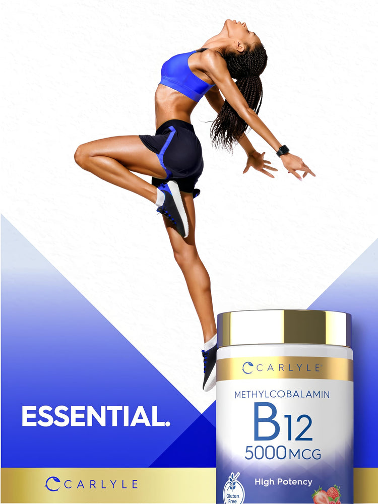 Young woman in athletic wear striking a dynamic pose next to a Carlyle Methylcobalamin B12 5000 mcg bottle.