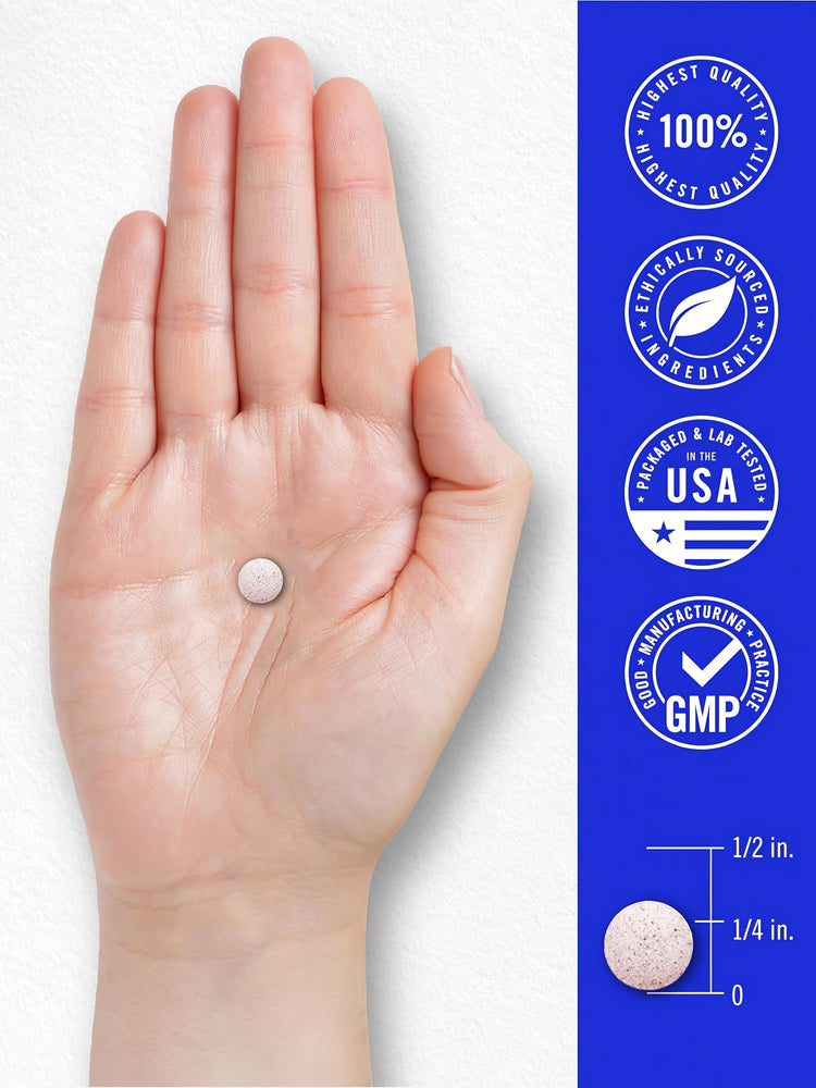 Hand holding Methylcobalamin B12 tablet, 1/4 inch tall. Highest quality, ethically sourced, USA packaged, lab tested, GMP.