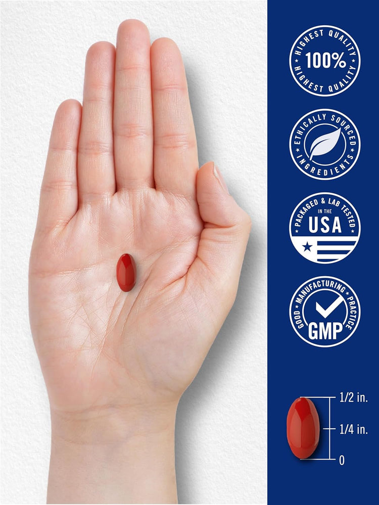 CL Carlyle Adult Eye Support red softgel, 1/2 in. x 1/4 in., held in hand. Quality icons: 100% Highest Quality, USA, GMP.