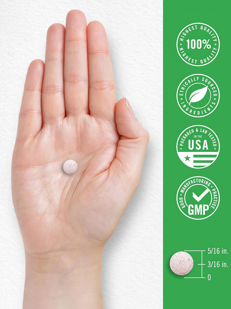 A small round chewable tablet is held in a hand, measuring 5/16 inches in diameter and 3/16 inches in thickness.