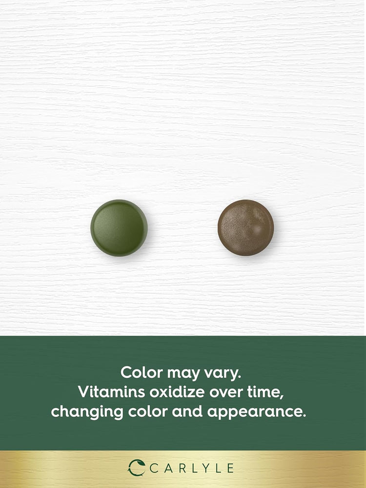 Carlyle Supergreens 50 Gummies: two gummies, one green and one brown. Note: color may vary as vitamins oxidize over time.