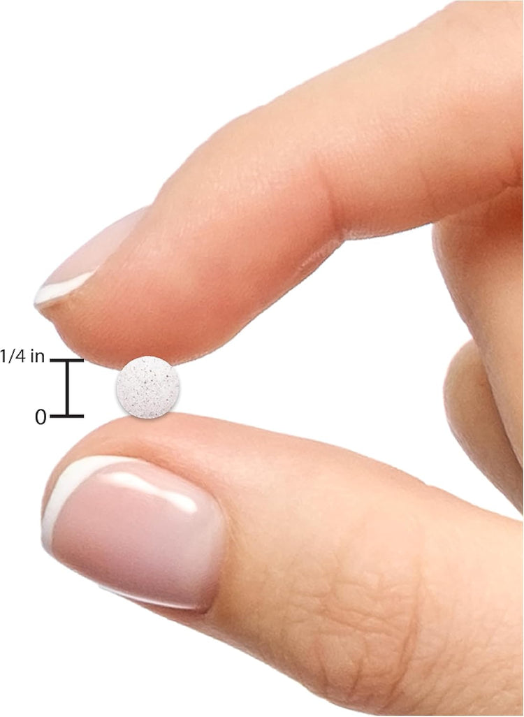 A round white tablet held between fingers measures 1/4 inch in diameter.