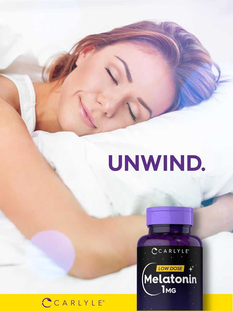 A young woman sleeps peacefully in bed next to a bottle of Carlyle Melatonin 1mg.
