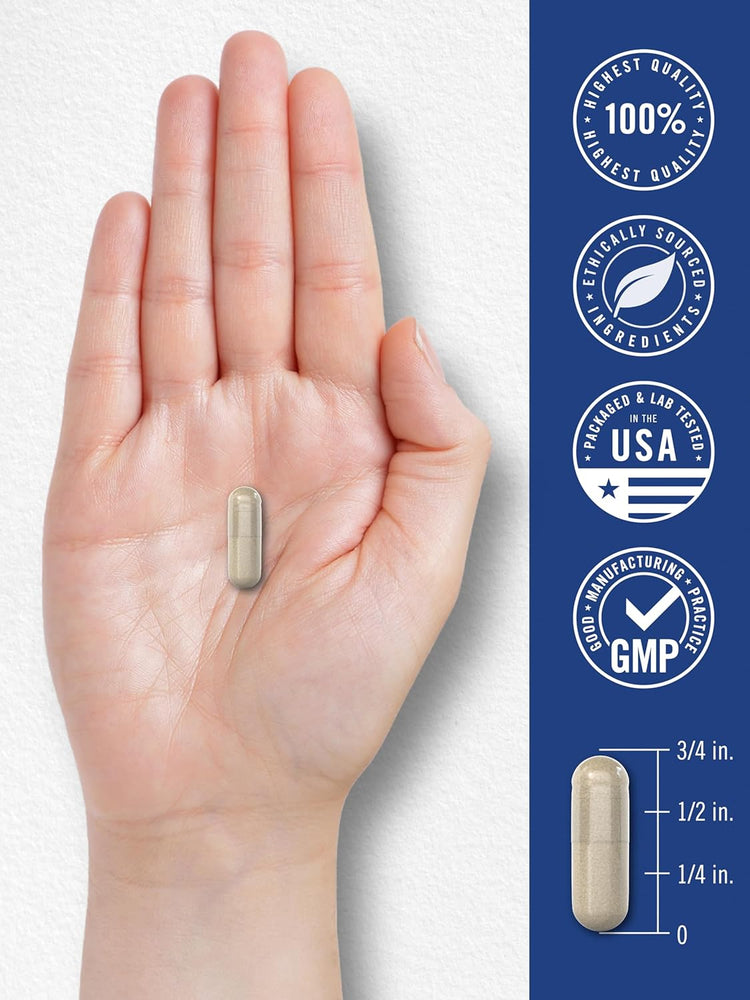 One light beige capsule, 3/4 inch long. Qualities: 100% Highest Quality, Ethically Sourced Ingredients, Packaged & Lab Tested in USA, GMP.