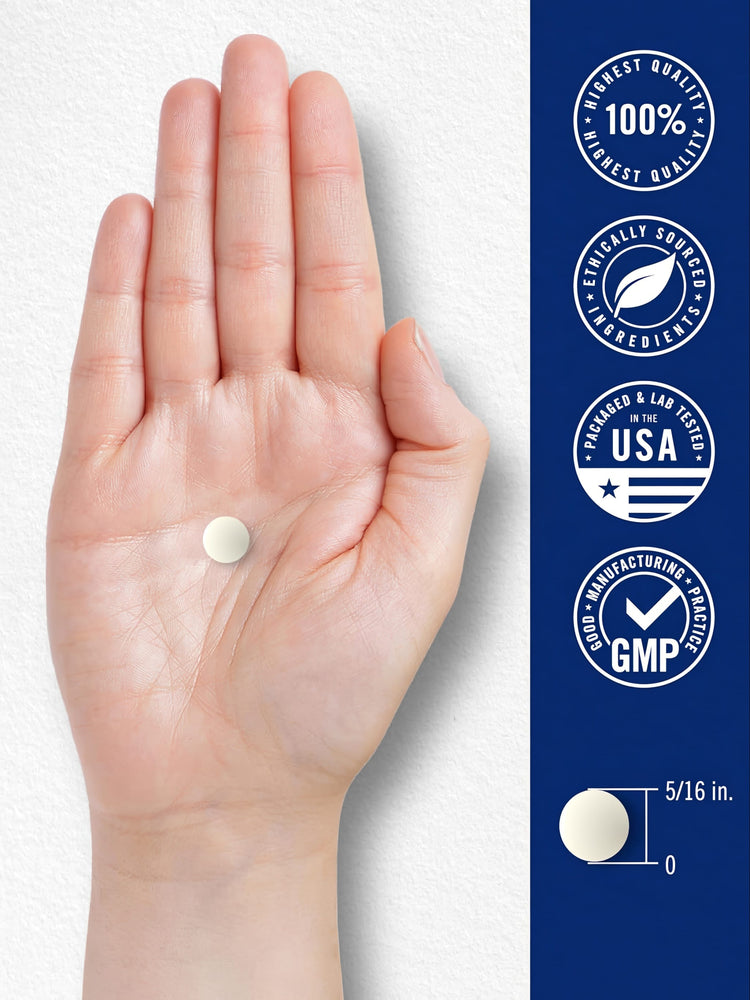 Round off-white tablet on a hand, 5/16 in. Quality: 100%, ethically sourced, USA packaged/tested, GMP certified.