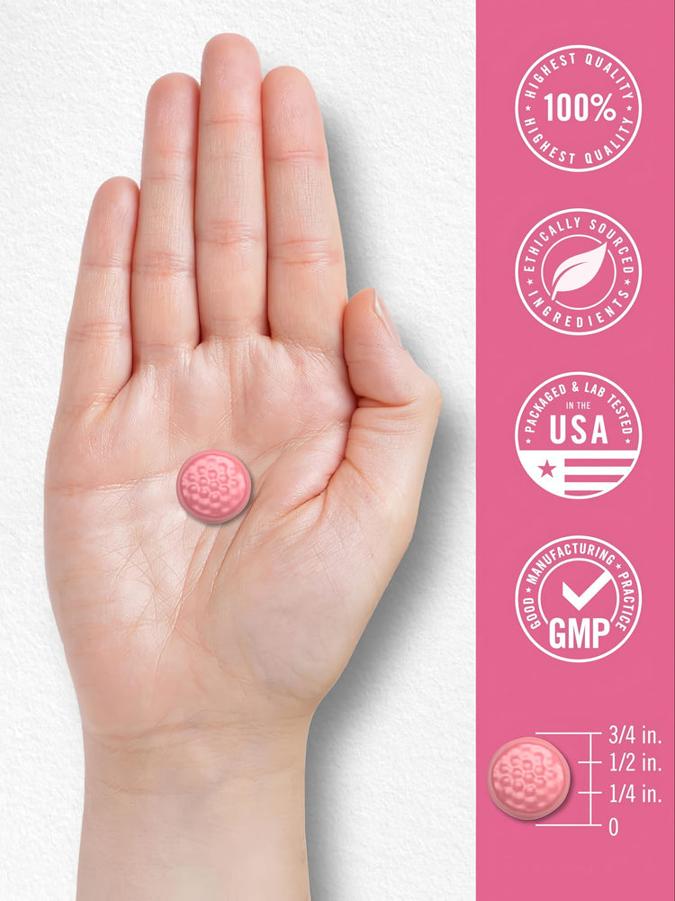 A hand holds a pink, textured gummy. The size chart indicates it is 3/4 inch wide and 1/2 inch tall.