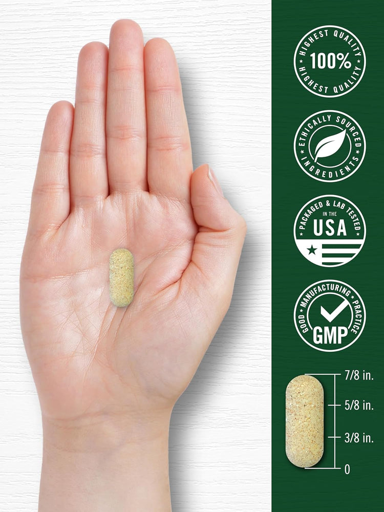 A textured, light brown oblong tablet held in a hand, measuring seven-eighths inch in length.