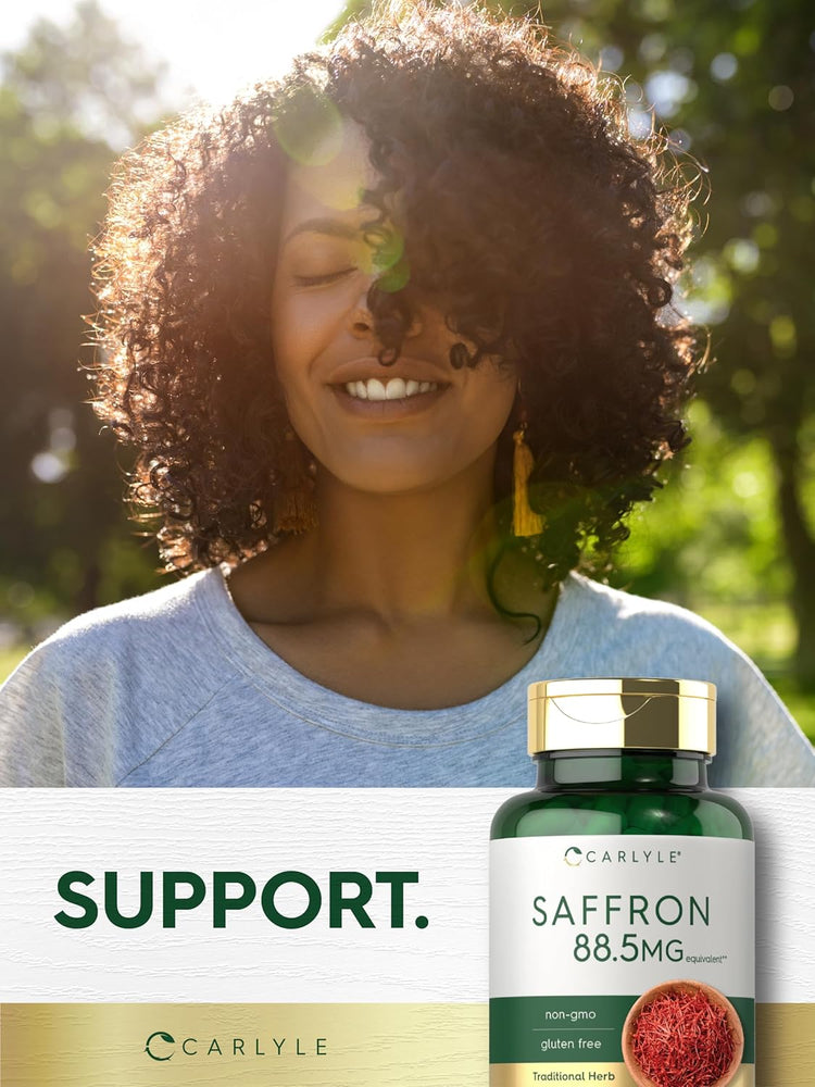 Carlyle Saffron 88.5mg equivalent bottle, with 'non-gmo', 'gluten free', 'Traditional Herb' on label. Text 'SUPPORT.' Bowl of saffron threads.