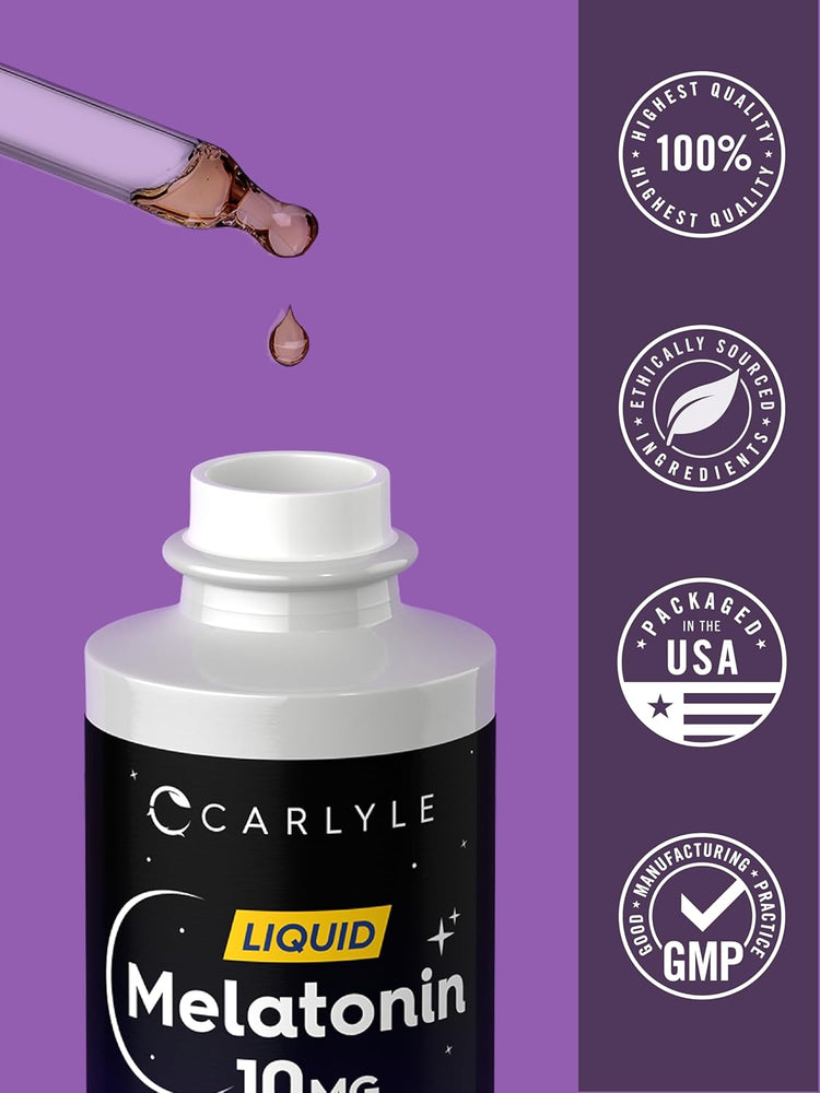 Carlyle Liquid Melatonin 10 mg bottle with dropper releasing a single drop of liquid.