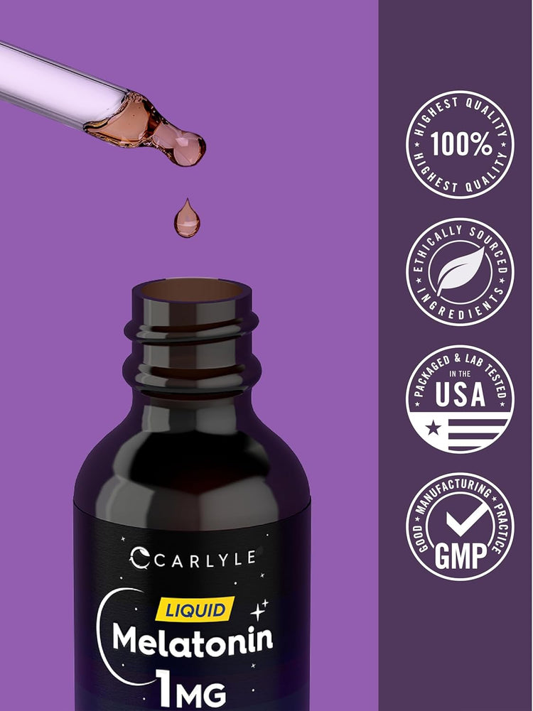 Carlyle Melatonin Liquid 1mg bottle with a dropper dispensing a single drop of liquid into the bottle opening.