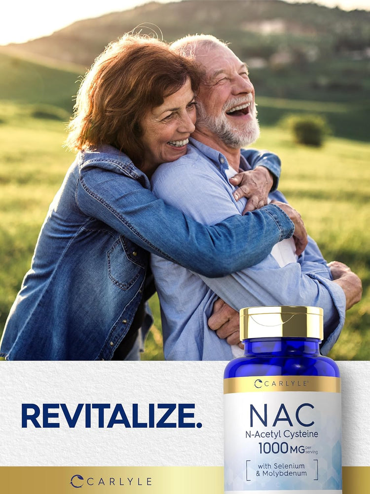 Elderly woman hugging an elderly man, both laughing joyfully outdoors, with a Carlyle NAC bottle in the foreground.