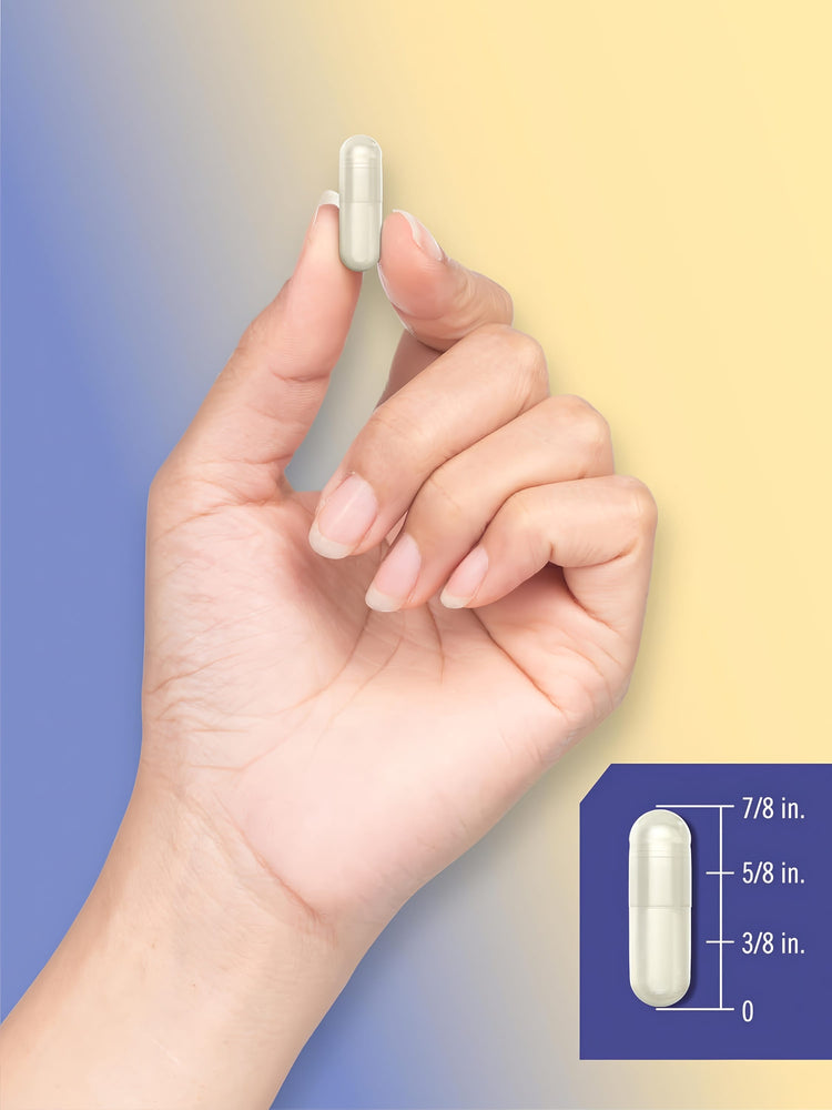 A single beige capsule on a hand scale, measuring approximately 7/8 inch long, suitable for bulk measurement context.
