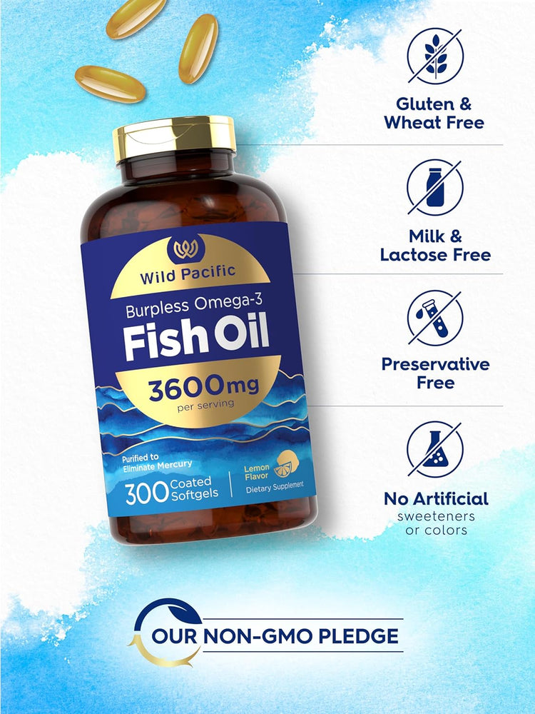 Wild Pacific Burpless Omega-3 Fish Oil, 3600mg per serving, Lemon Flavor, with 300 Coated Softgels in bottle.