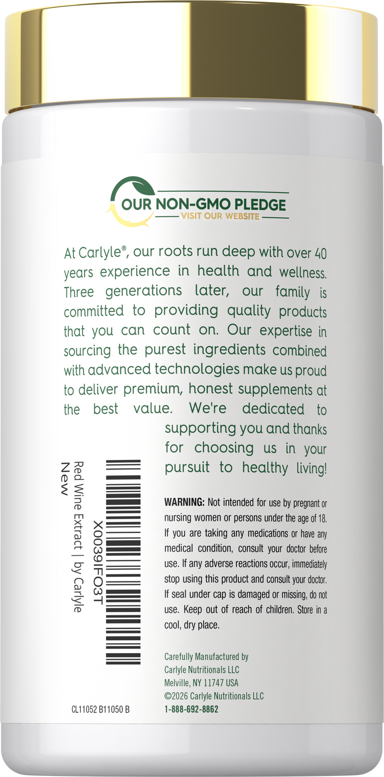 Carlyle Red Wine Extract 1000 mg, 120 Capsules. The label shows 'Our Non-GMO Pledge' commitment.