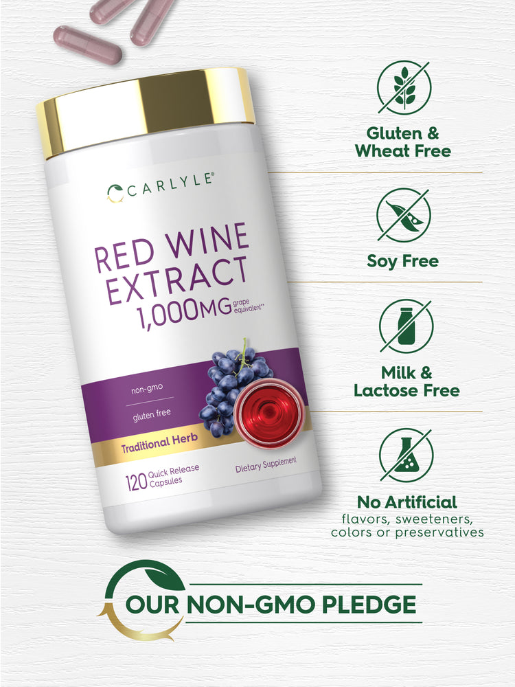 Red Wine Extract bottle with icons indicating Gluten & Wheat Free, Soy Free, Milk & Lactose Free, No Artificial Flavors or Colors.