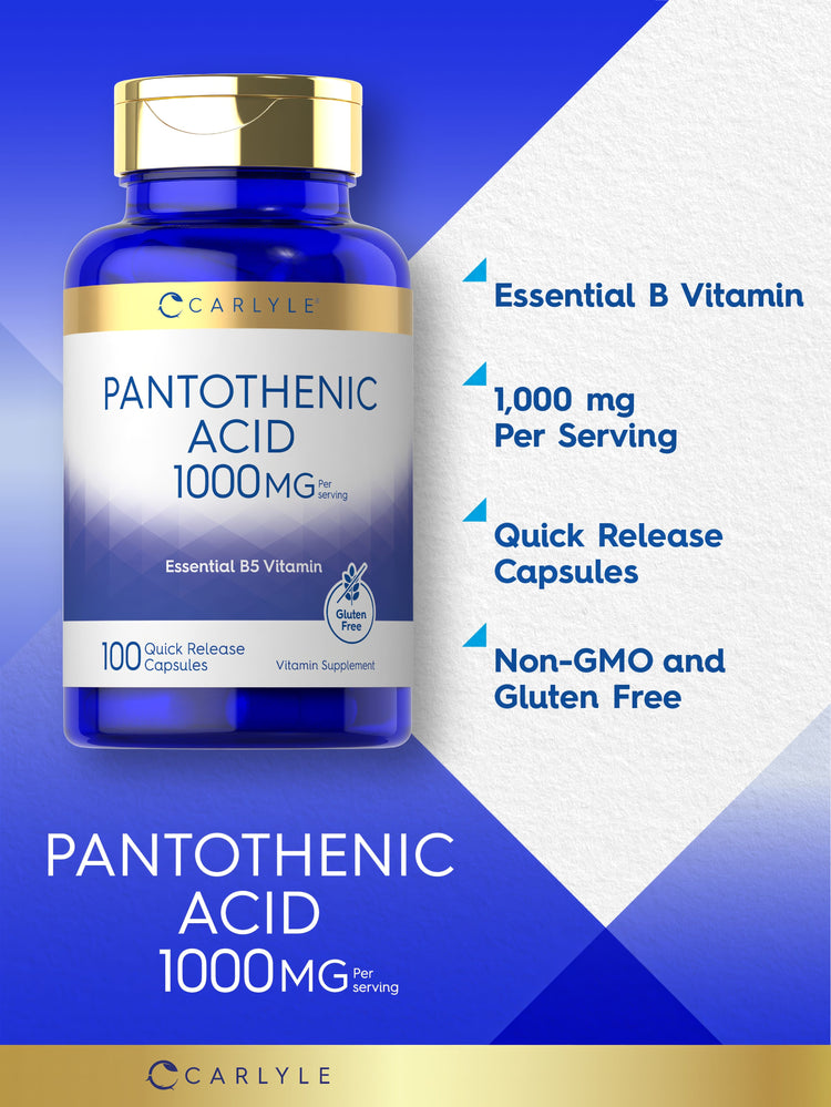 Graphic stating Essential B Vitamin, 1,000 mg Per Serving, Quick Release Capsules, Non-GMO and Gluten Free