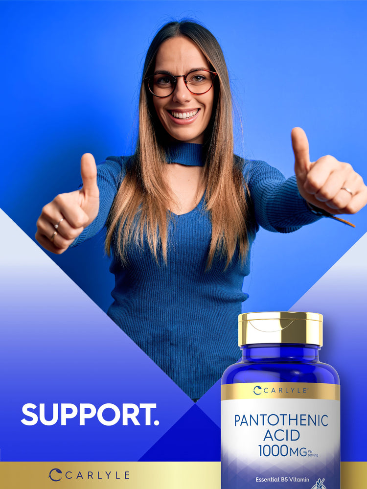 Woman giving two thumbs up with Carlyle Pantothenic Acid 1000 mg bottle and text stating SUPPORT.