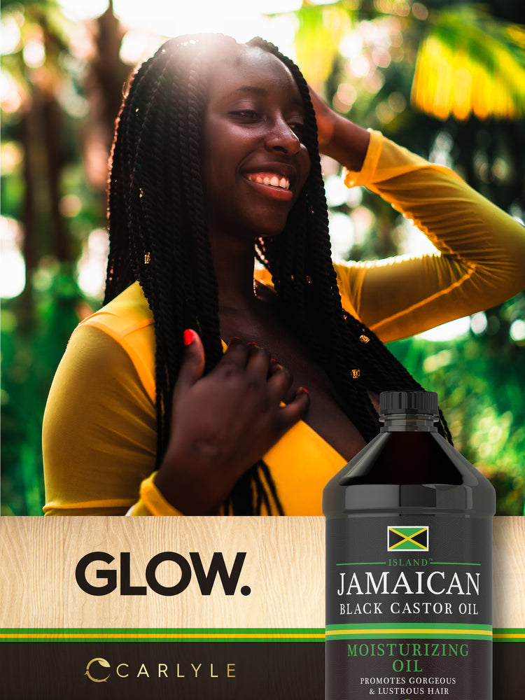 Lifestyle image of smiling woman with long braided hair, Jamaican Black Castor Oil bottle, and graphic stating GLOW.