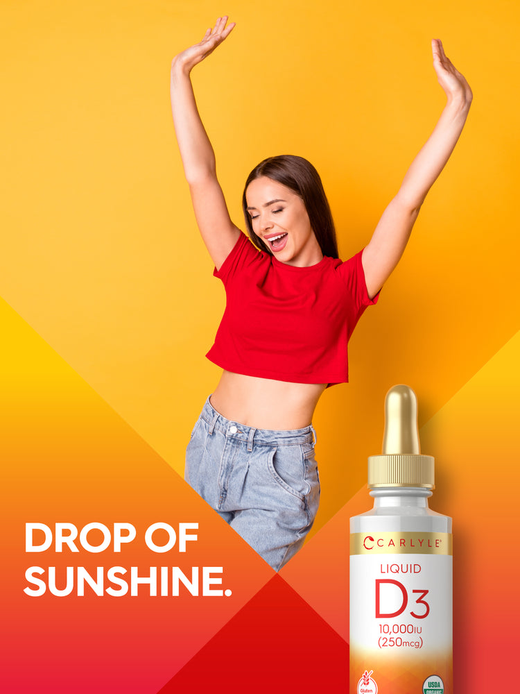 Lifestyle graphic featuring a smiling woman in a red shirt with arms raised, Carlyle Liquid D3 10,000 IU (250 mcg) bottle, and text stating DROP OF SUNSHINE.