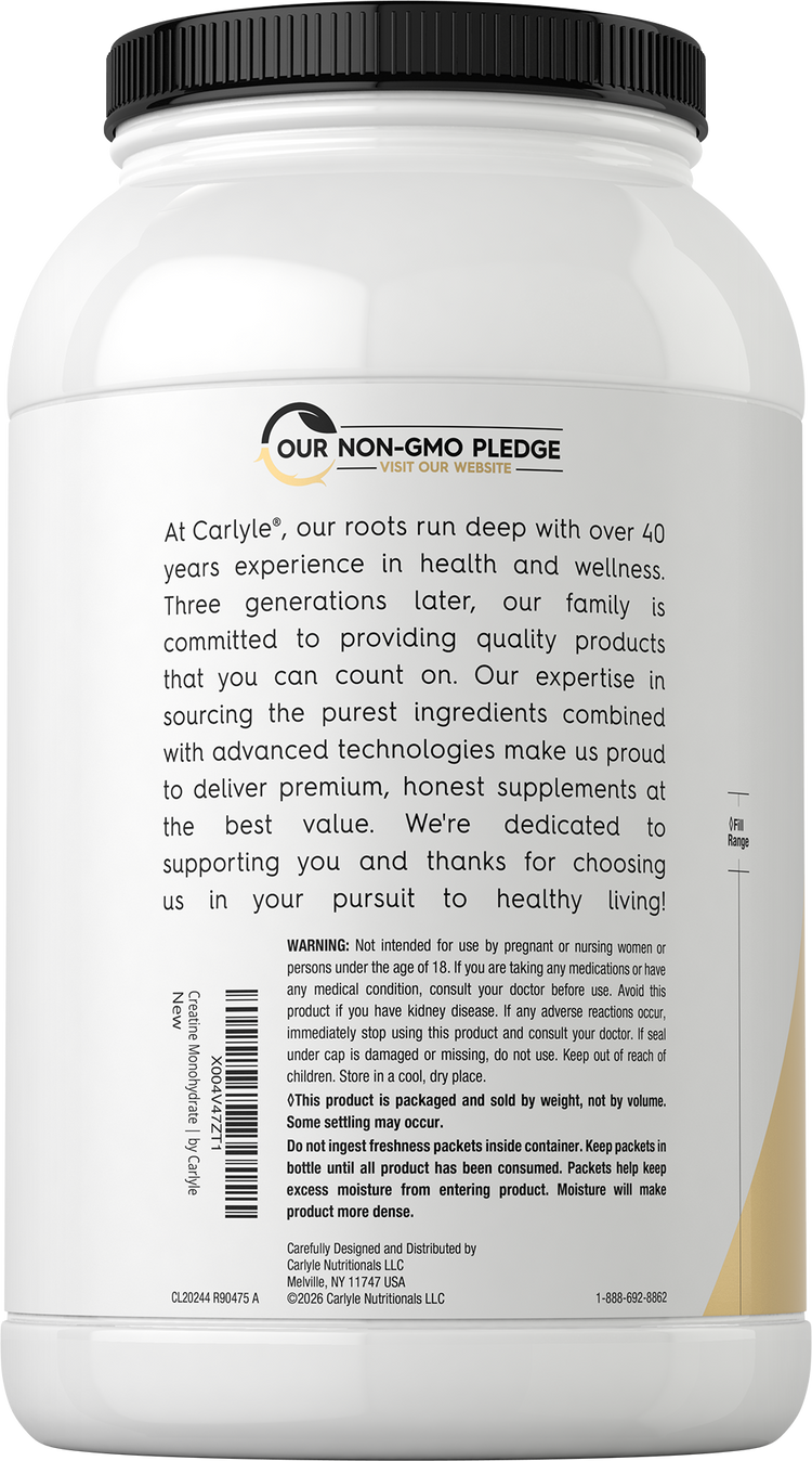 A 2.2 lbs (1kg) jar of Creatine Monohydrate powder, white container.