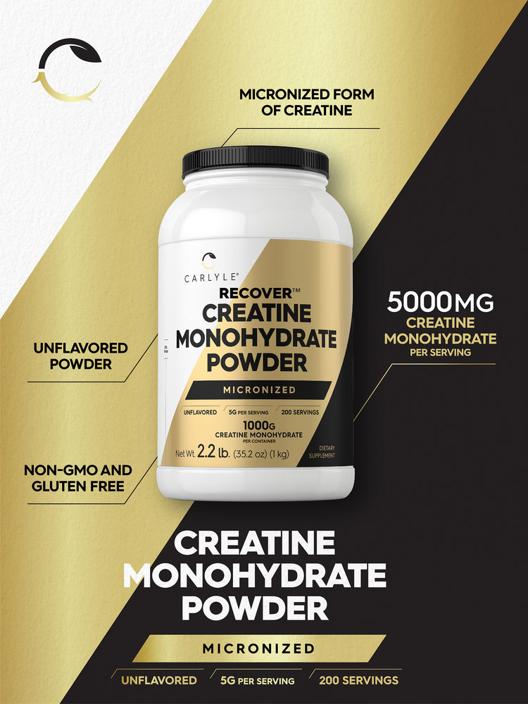 Carlyle Recover Creatine Monohydrate Powder, Micronized, Unflavored, 5000mg per serving, 2.2 lb (1 kg).