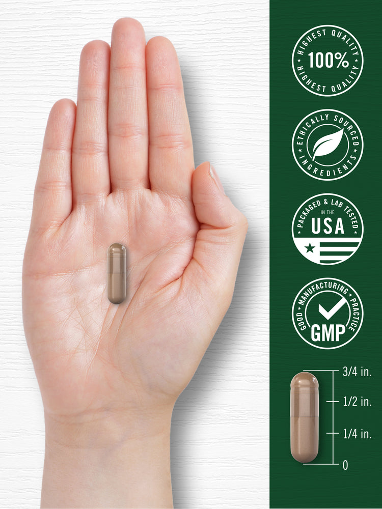 measuring 3/4 in., with quality badges stating Finest Quality 100%, Ethically Sourced Ingredients, Packaged & Lab Tested USA, and Good Manufacturing Practice GMP