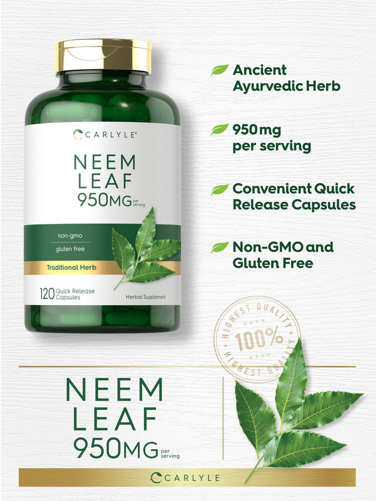 graphic stating Ancient Ayurvedic Herb, 950 mg per serving, Convenient Quick Release Capsules, Non-GMO and Gluten Free, Neem Leaf 950 mg.