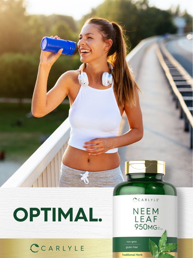 A smiling young woman in activewear drinks from a water bottle, with a Neem Leaf supplement bottle visible.