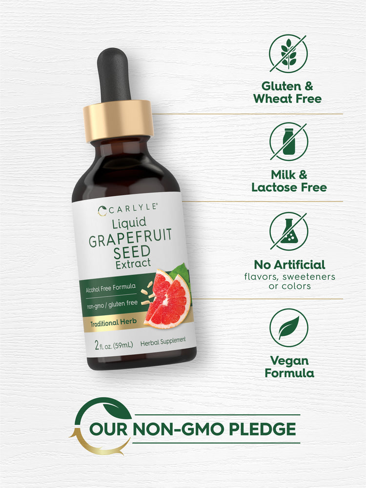 Bottle with icons indicating Gluten & Wheat Free, Milk & Lactose Free, No Artificial flavors, sweeteners or colors, Vegan Formula, and Our Non-GMO Pledge.