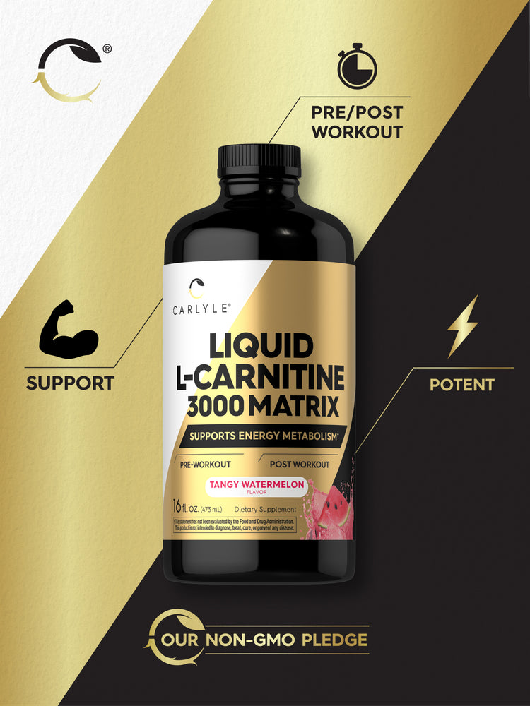 Graphic stating Pre/Post Workout, Support, Potent, and Our Non-GMO Pledge, featuring Liquid L-Carnitine 3000 Matrix bottle.