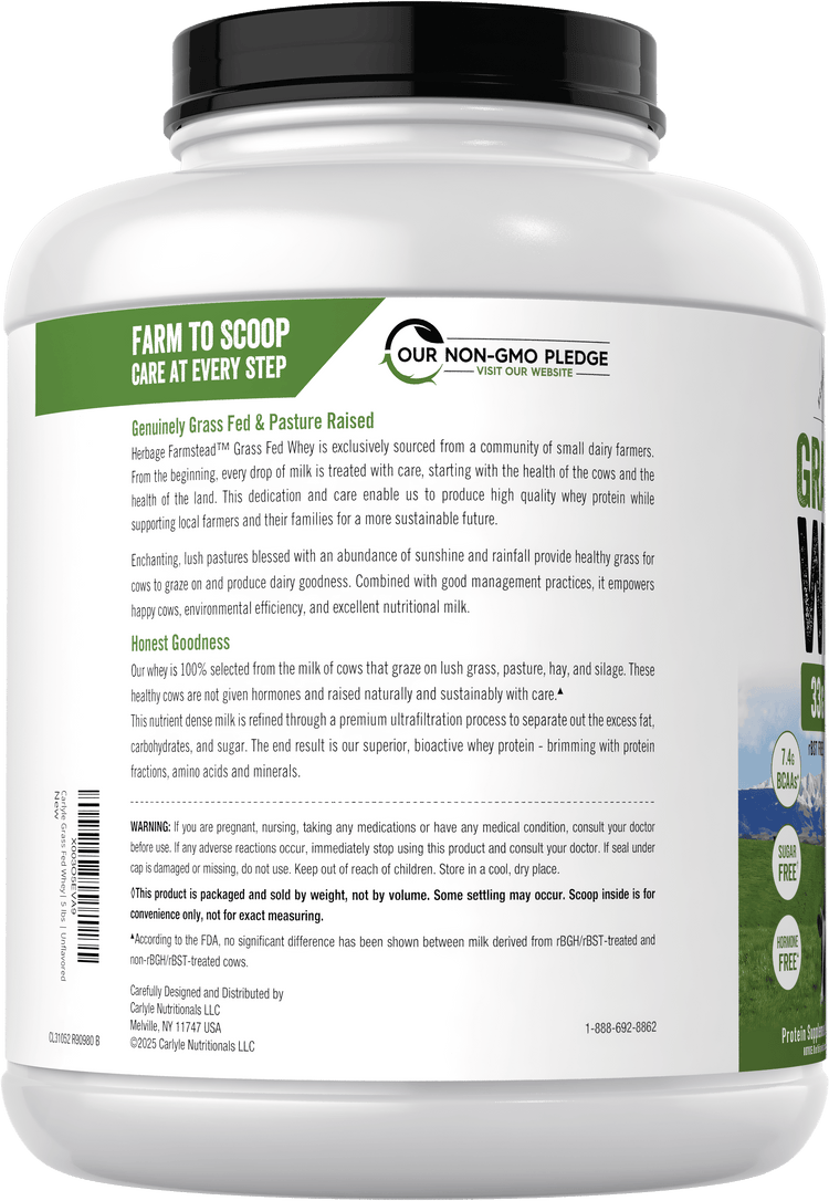 Back label showing Farm to Scoop product information and Our Non-GMO Pledge for grass-fed, pasture-raised whey protein.