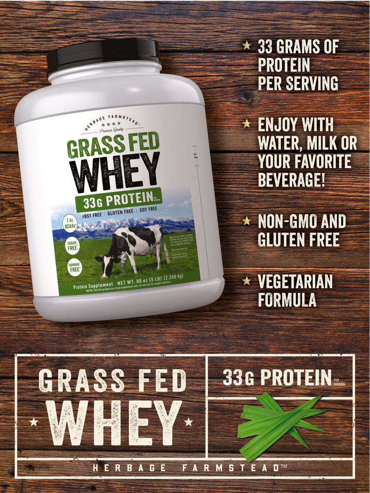 Graphic stating 33 Grams of Protein Per Serving, Enjoy With Water, Milk or Your Favorite Beverage!, Non-GMO and Gluten Free, Vegetarian Formula, Grass Fed Whey, 33g Protein.