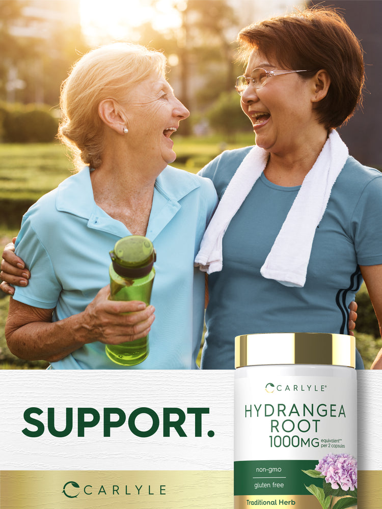 Lifestyle image of two women outdoors with water bottle and Carlyle Hydrangea Root 1000 mg supplement bottle, with graphic stating SUPPORT