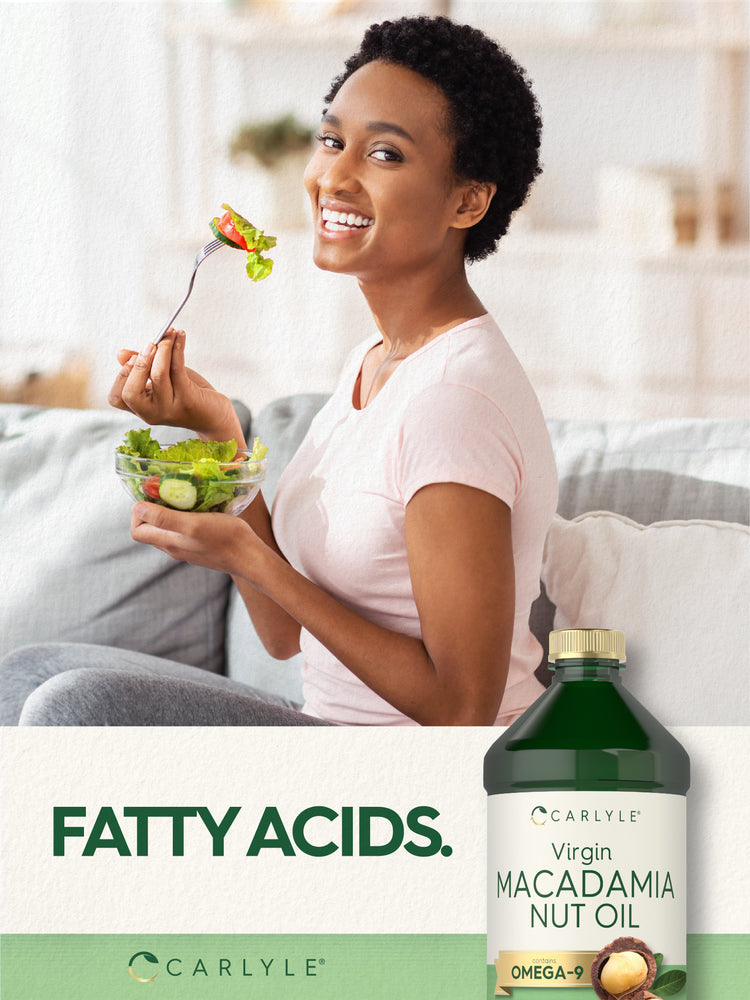 Lifestyle image of adult eating a salad with Carlyle Virgin Macadamia Nut Oil bottle and graphic stating FATTY ACIDS.